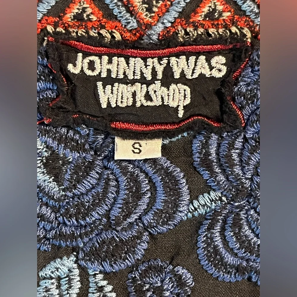 Johnny Was Black Zelda Mexican Peasant Blouse with Blue/Red Embroidery Small - Picture 5 of 15